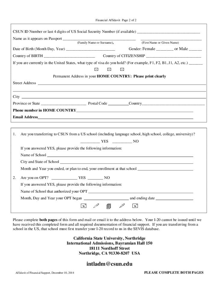 Affidavit Of Financial Support Form California Free Download