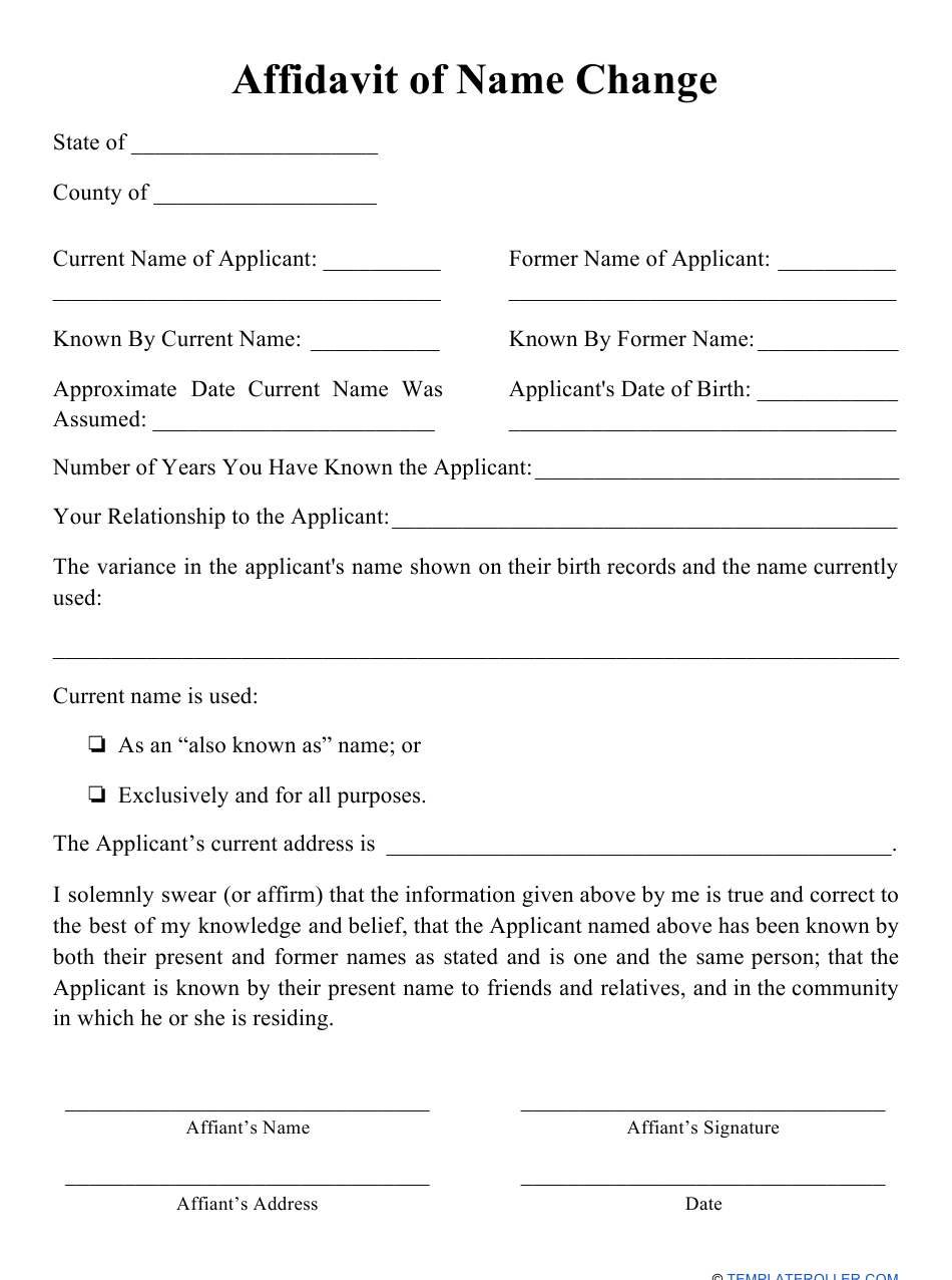 Affidavit Of Name Change Form Download Printable PDF Templateroller