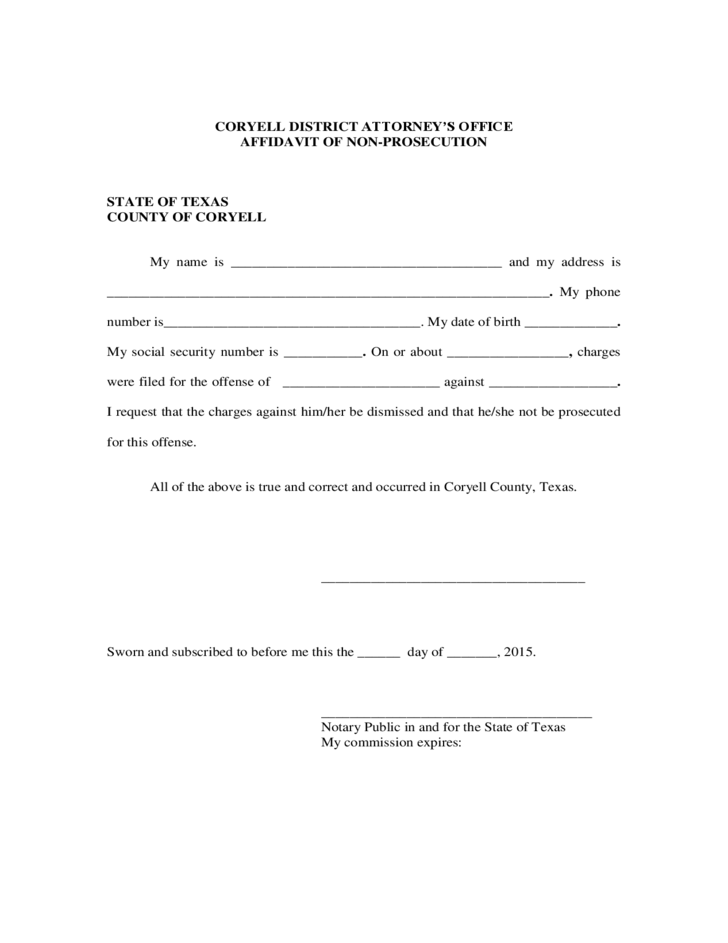 AFFIDAVIT OF NON PROSECUTION Coryell County Free Download