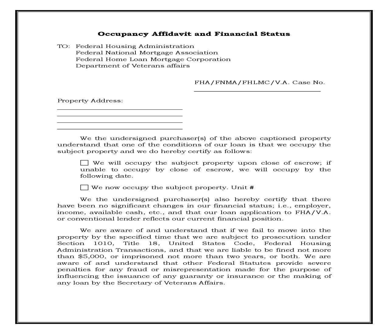 Affidavit Of Occupancy And Financial Status Legal Forms Financial Legal