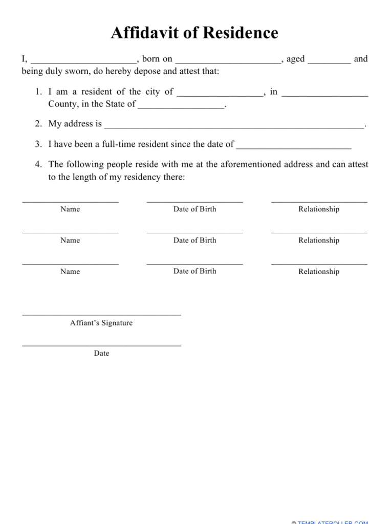 Affidavit Of Residence Form Download Printable PDF Templateroller