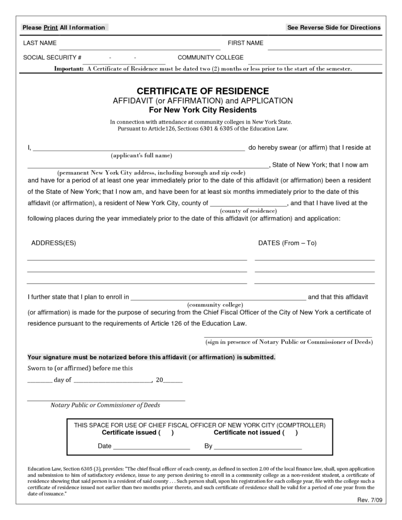 Affidavit Of Residency Form Free Printable Documents