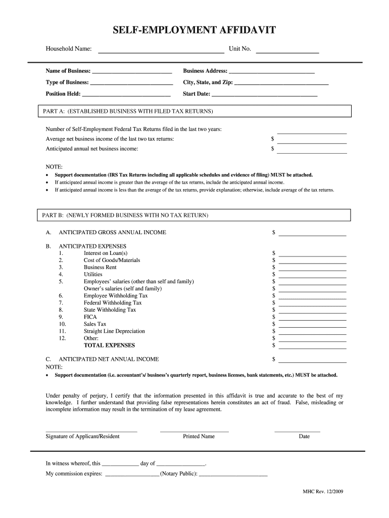Affidavit Of Self Employment Sample 2020 Fill And Sign Printable 