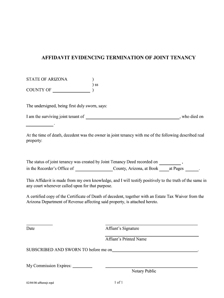 AZ Affidavit Evidencing Termination For Joint Tenancy Complete Legal 