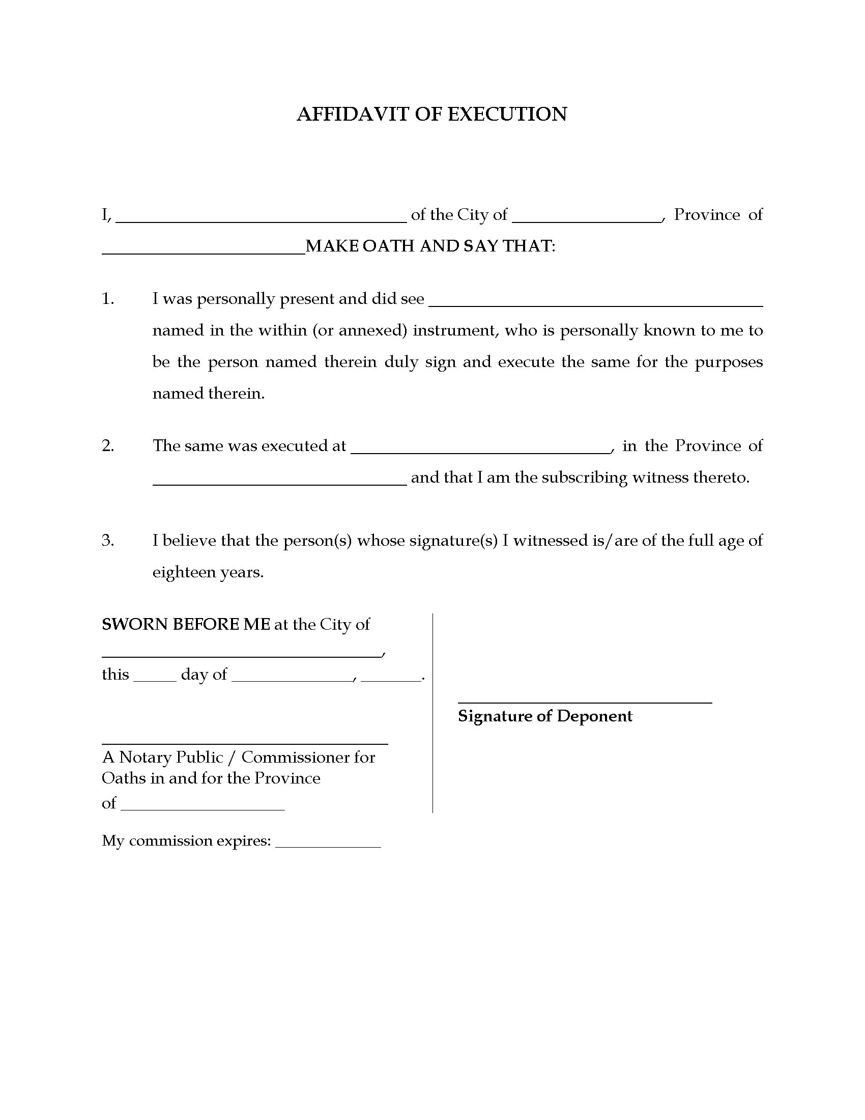 Canada Affidavit Of Execution Form Legal Forms And Business Templates