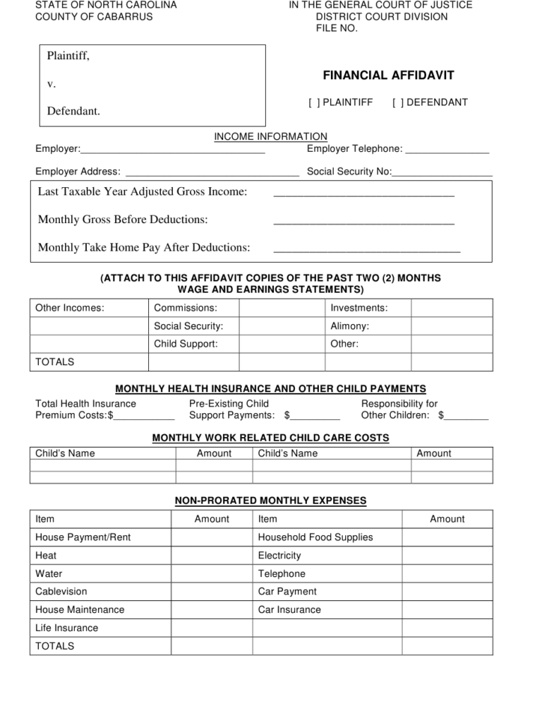 County Of Cabarrus North Carolina Financial Affidavit Download 