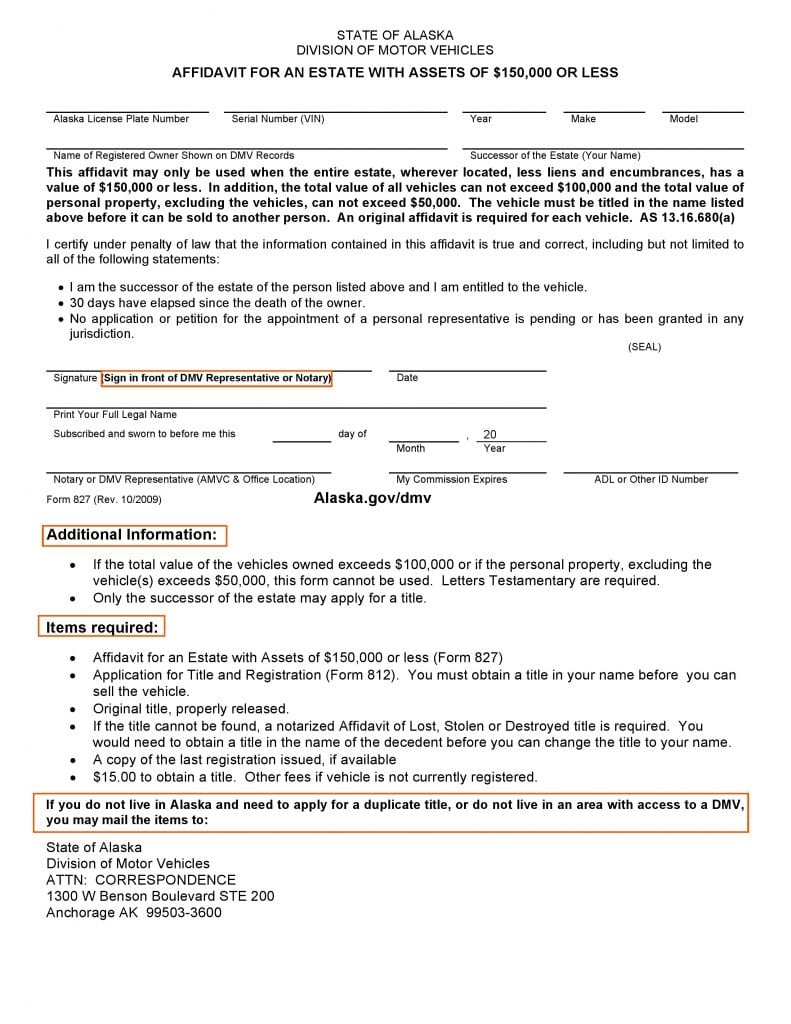Download Free Alaska DMV Small Estate Affidavit Form 827 Form Download