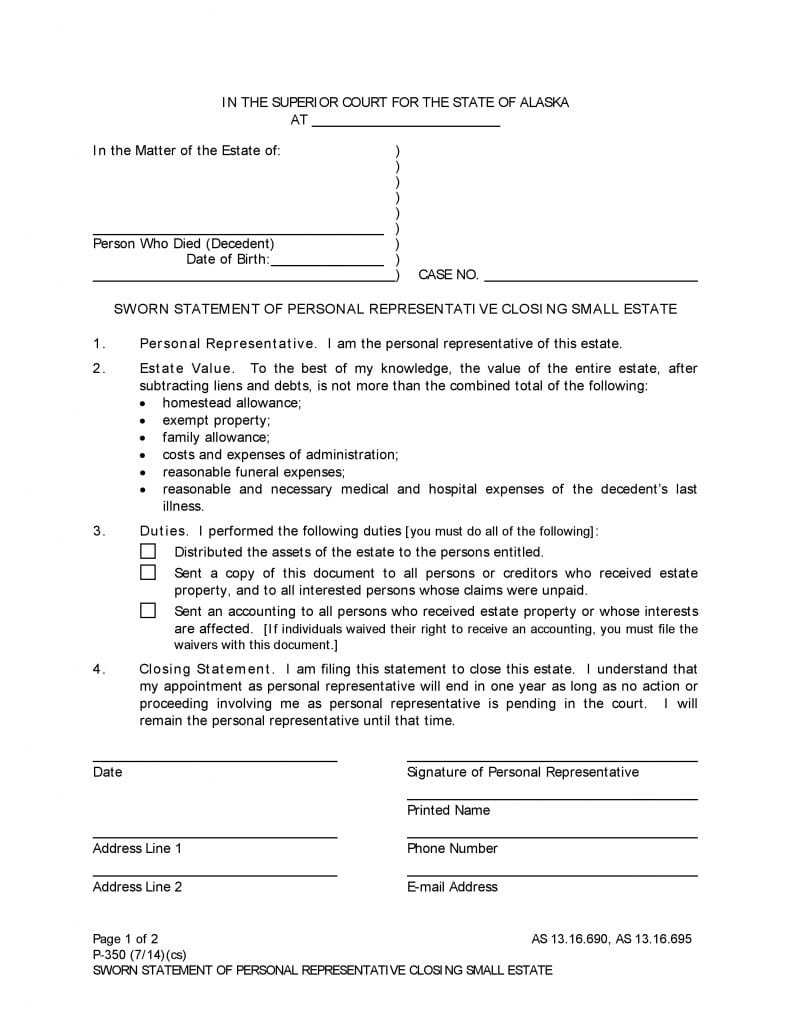 Download Free Alaska Small Estate Affidavit Form P 350 Form Download