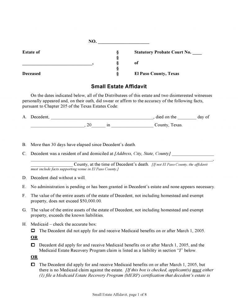 Download Free El Paso County Texas Small State Affidavit Form Form 