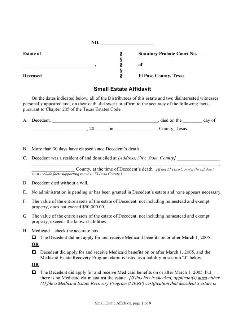 Download Free El Paso County Texas Small State Affidavit Form Form 