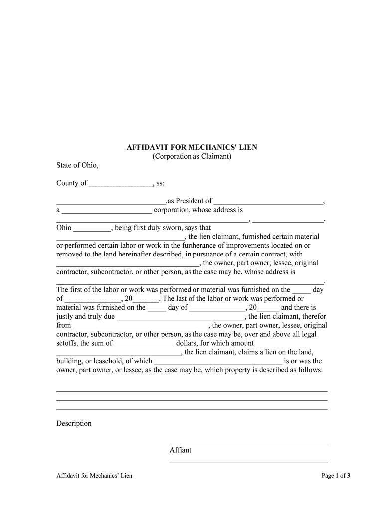 Fill Edit And Print Affidavit For Mechanic s Lien Corporation Or LLC 