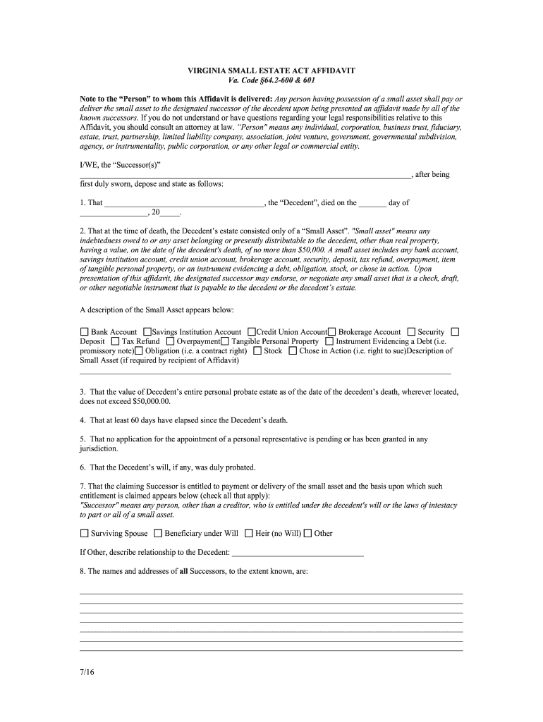 Fill Edit And Print Virginia Small Estate Heirship Affidavit For 