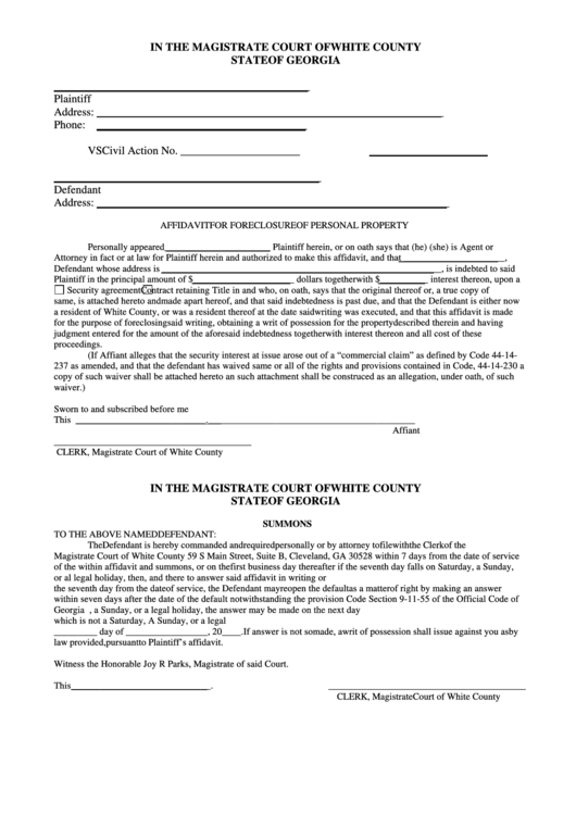 Fillable Affidavit For Foreclosure Of Personal Property Form State Of 
