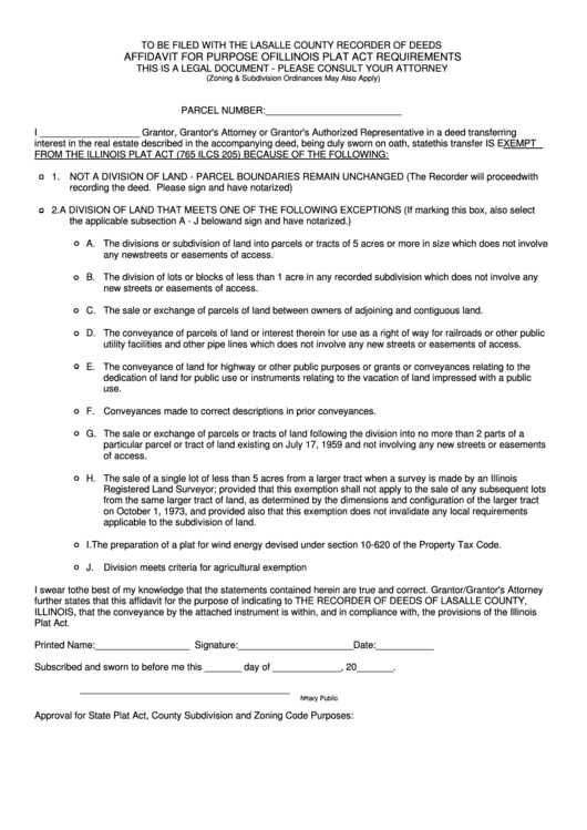 Fillable Affidavit For Purpose Of Illinois Plat Act Requirements 