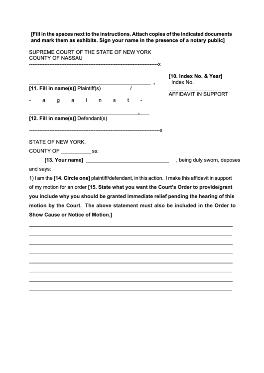 Fillable Affidavit In Support New York Supreme Court Printable Pdf 