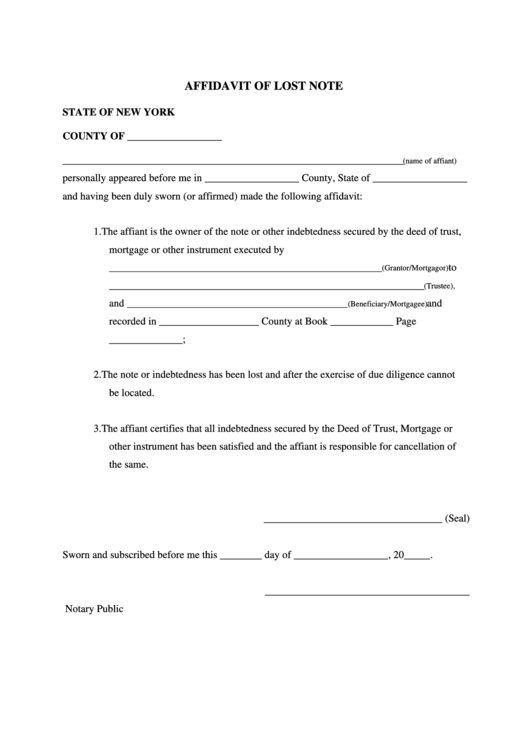 Fillable Affidavit Of Lost Note State Of New York Printable Pdf Download