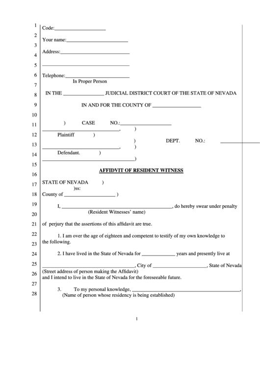 Fillable Affidavit Of Resident Witness Template Printable Pdf Download