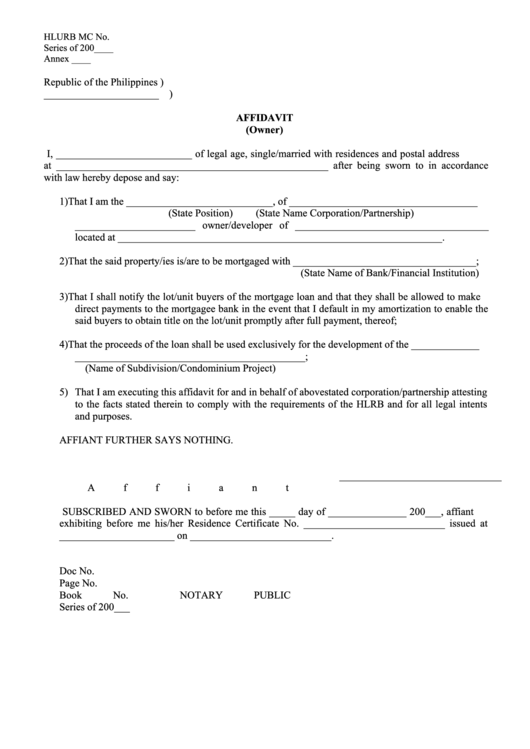 Fillable Affidavit Owner Philippines Printable Pdf Download