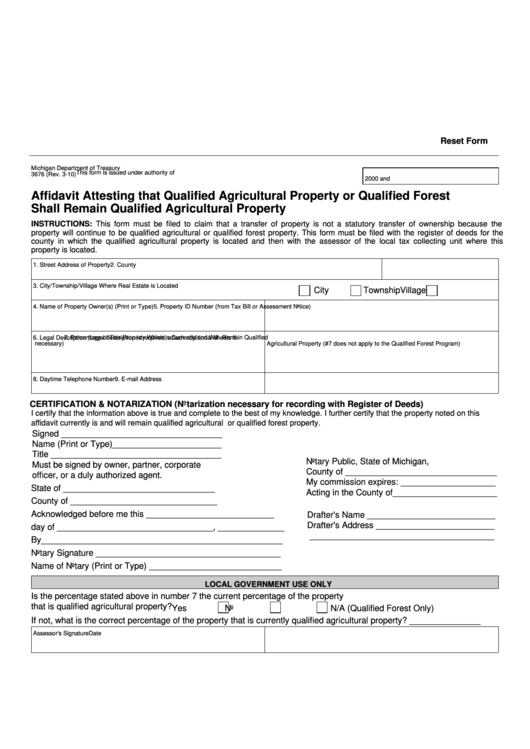 Fillable Form 3676 Affidavit Attesting That Qualified Agricultural 
