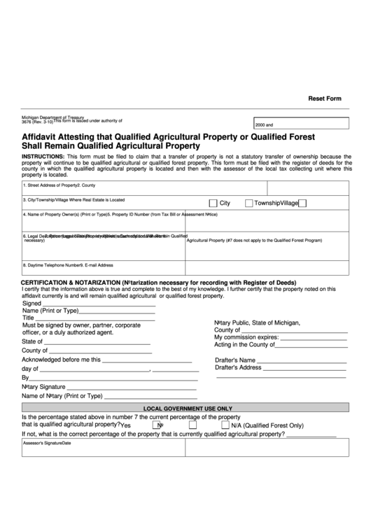 Fillable Form 3676 Affidavit Attesting That Qualified Agricultural