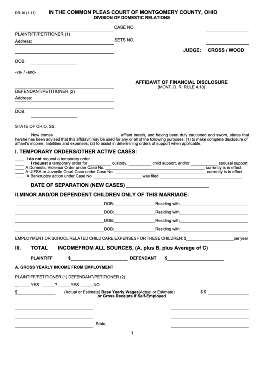 Fillable Form Dr 10 Affidavit Of Financial Disclosure In The Common 