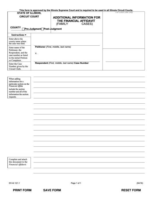 Fillable Form Dv Ai 121 1 Additional Information For The Financial