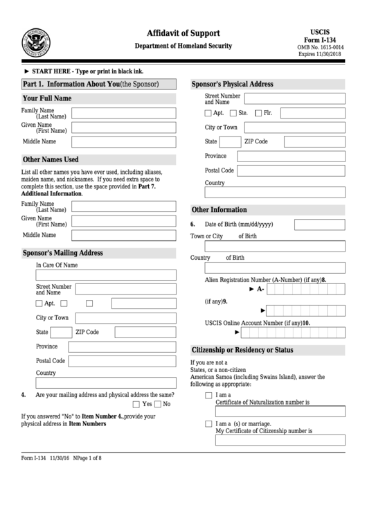 Fillable Form I 134 Affidavit Of Support Printable Pdf Download