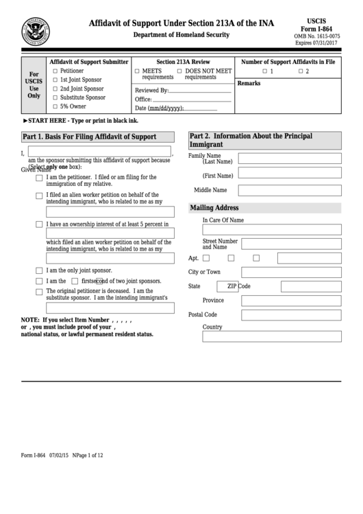 Fillable Form I 864 Affidavit Of Support Under Section 213a Of The 