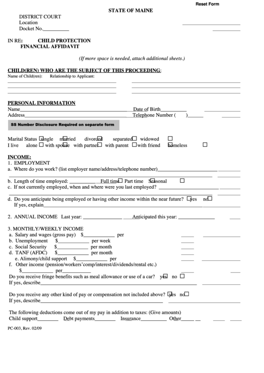 Fillable Form Pc 003 Child Protection Financial Affidavit 2009 