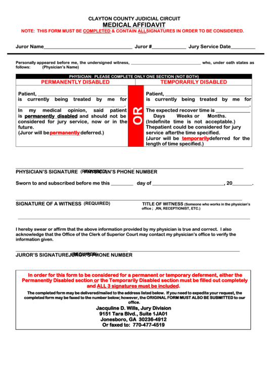 Fillable Medical Affidavit Form Clayton County Judicial Circuit 