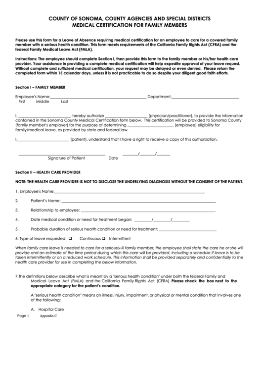Fillable Medical Certification For Family Members Form County Of 
