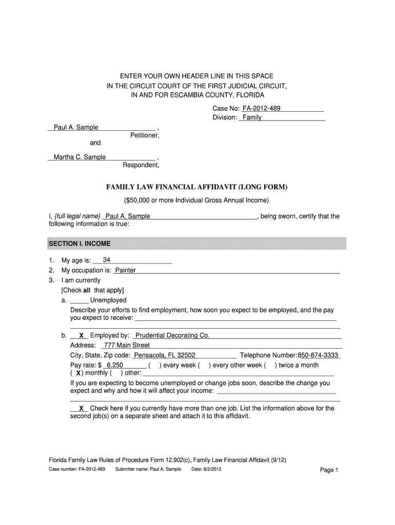 Fillable Online Florida Family Law Financial Affidavit Over 50 000 Form 