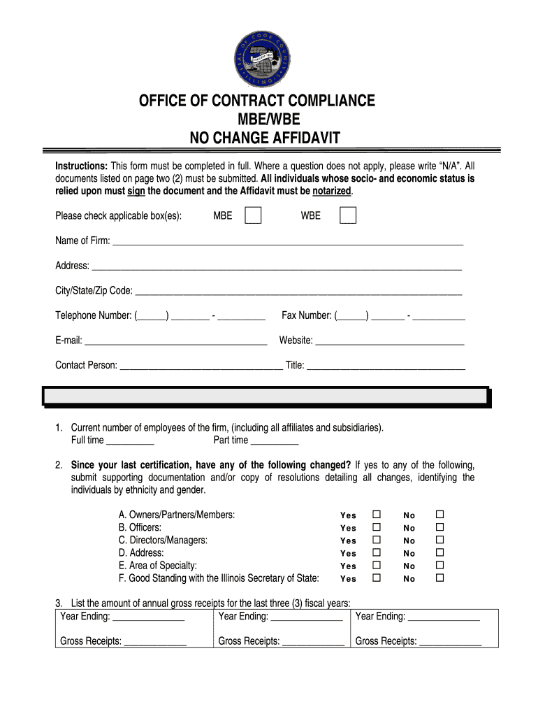Fillable Online MBE WBE No Change Affidavit Cook County Fax Email 