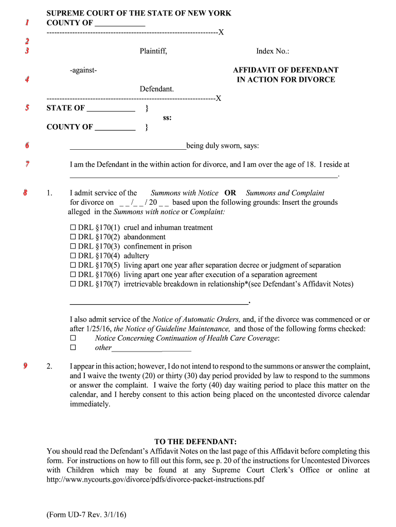 Fillable Online Nycourts Affidavit Of Defendant In Action For Divorce 