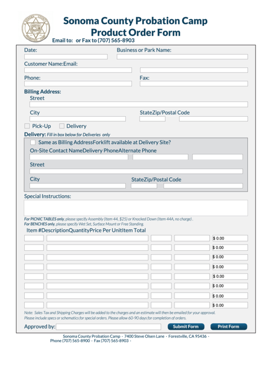 Fillable Product Order Form Sonoma County Probation Camp Product 
