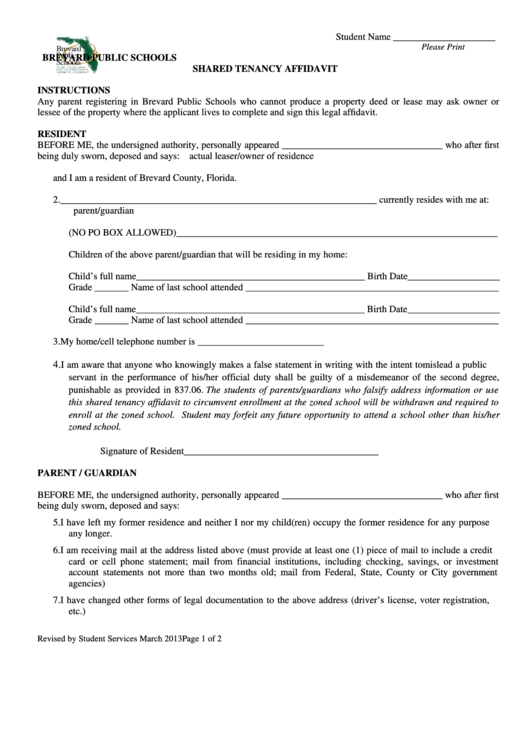 Fillable Shared Tenancy Affidavit Form March 2013 Printable Pdf Download