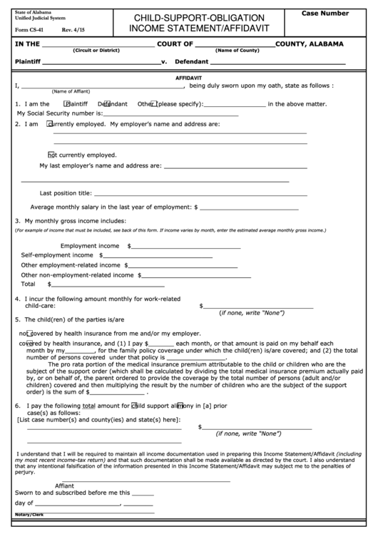 Fillable State Of Alabama Form Cs 41 Child Support Obligation Income