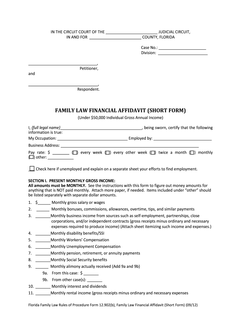 Short Form Financial Affidavit Florida
