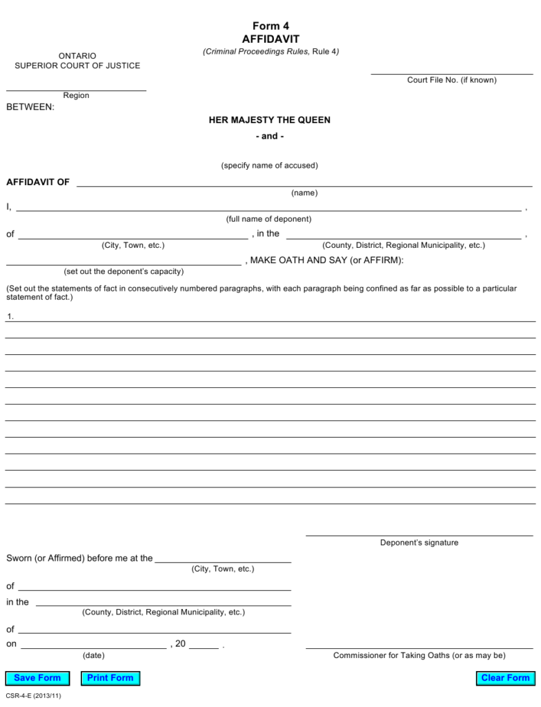 Form 4 Download Fillable PDF Or Fill Online Affidavit Ontario Canada 