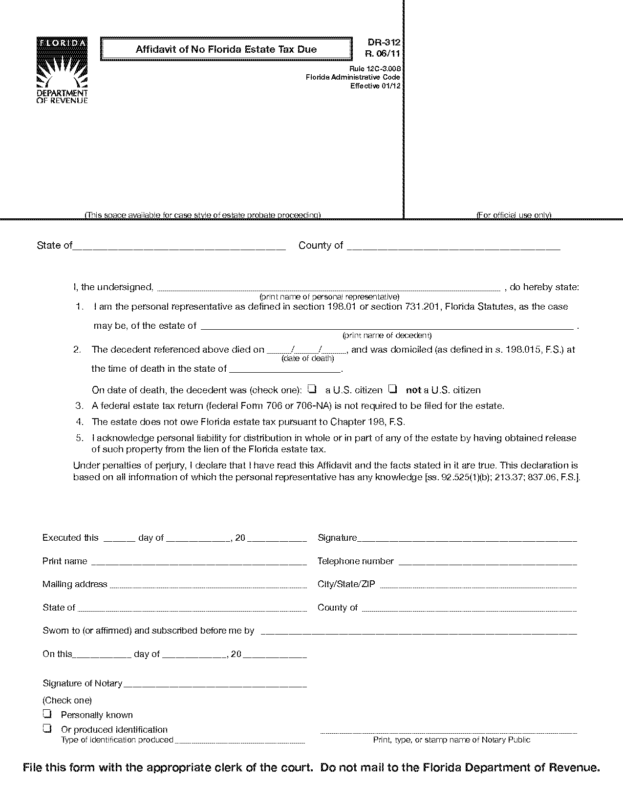 Form DR 312 Affidavit Of No Florida Estate Tax Due R 06 11