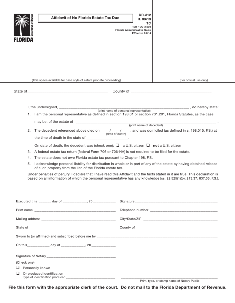 Form DR 312 Download Printable PDF Or Fill Online Affidavit Of No 