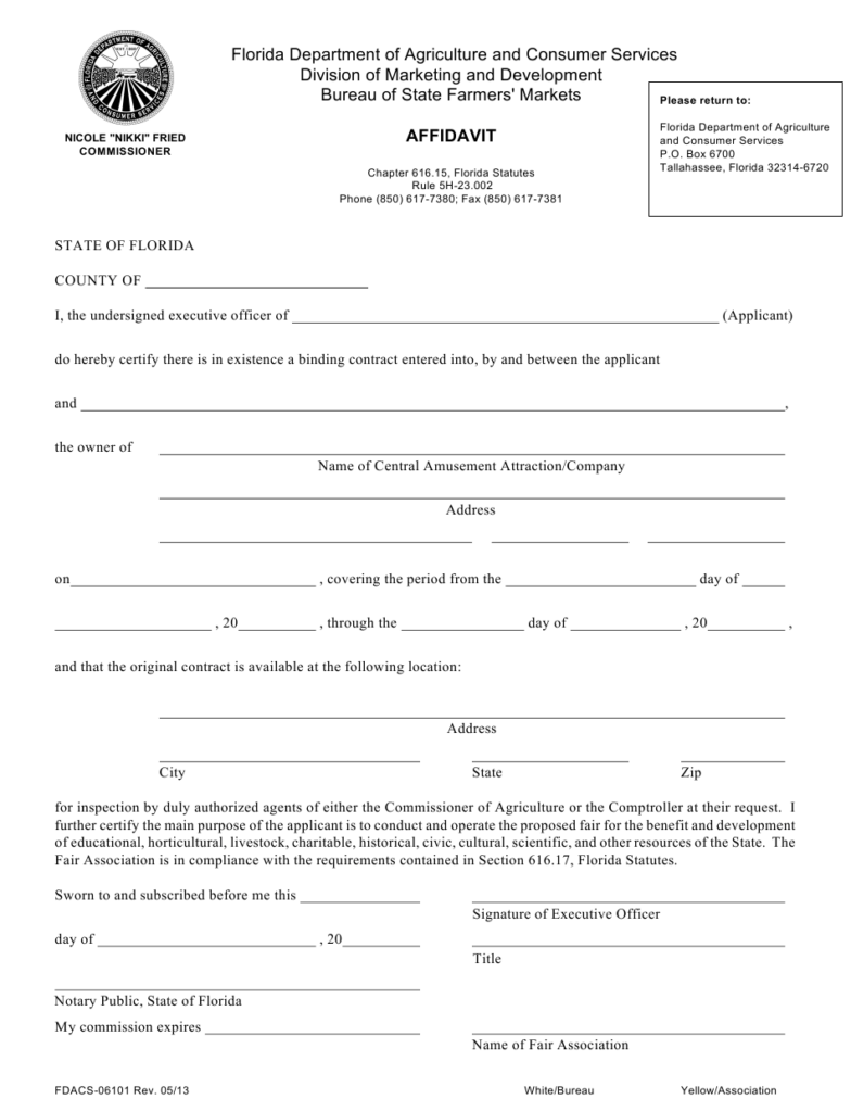 Form FDACS 06101 Download Fillable PDF Or Fill Online Affidavit Florida 