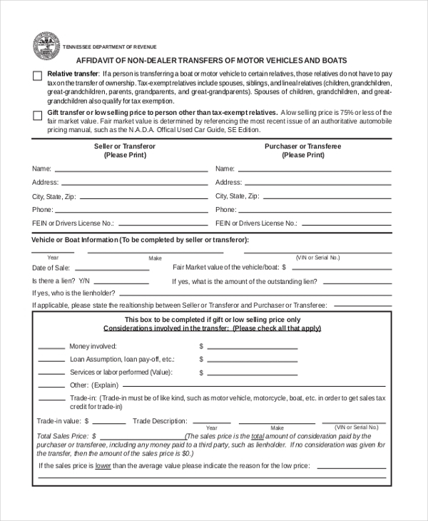 Affidavit Of Support Form For Car Title Transfer 2024 ...