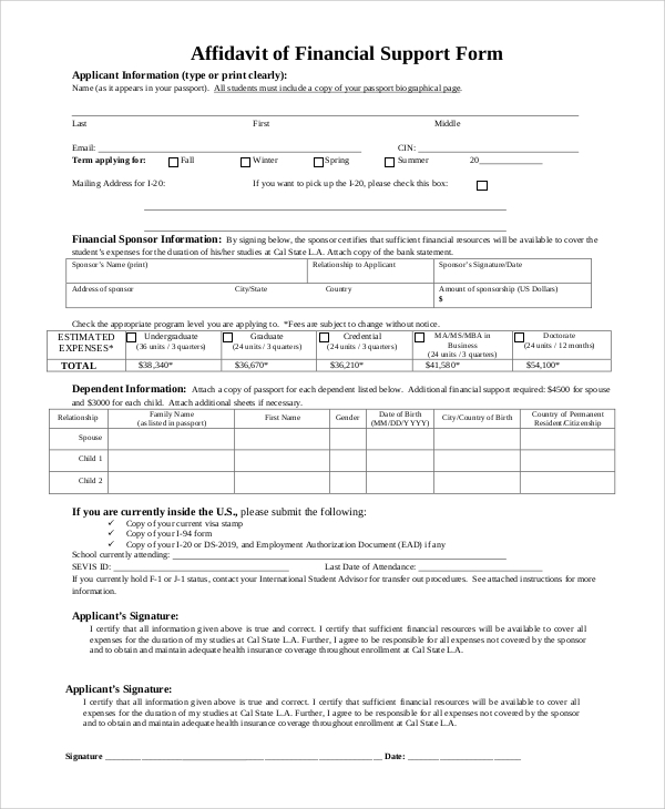 FREE 9 Sample Affidavit Of Support Forms In PDF MS Word