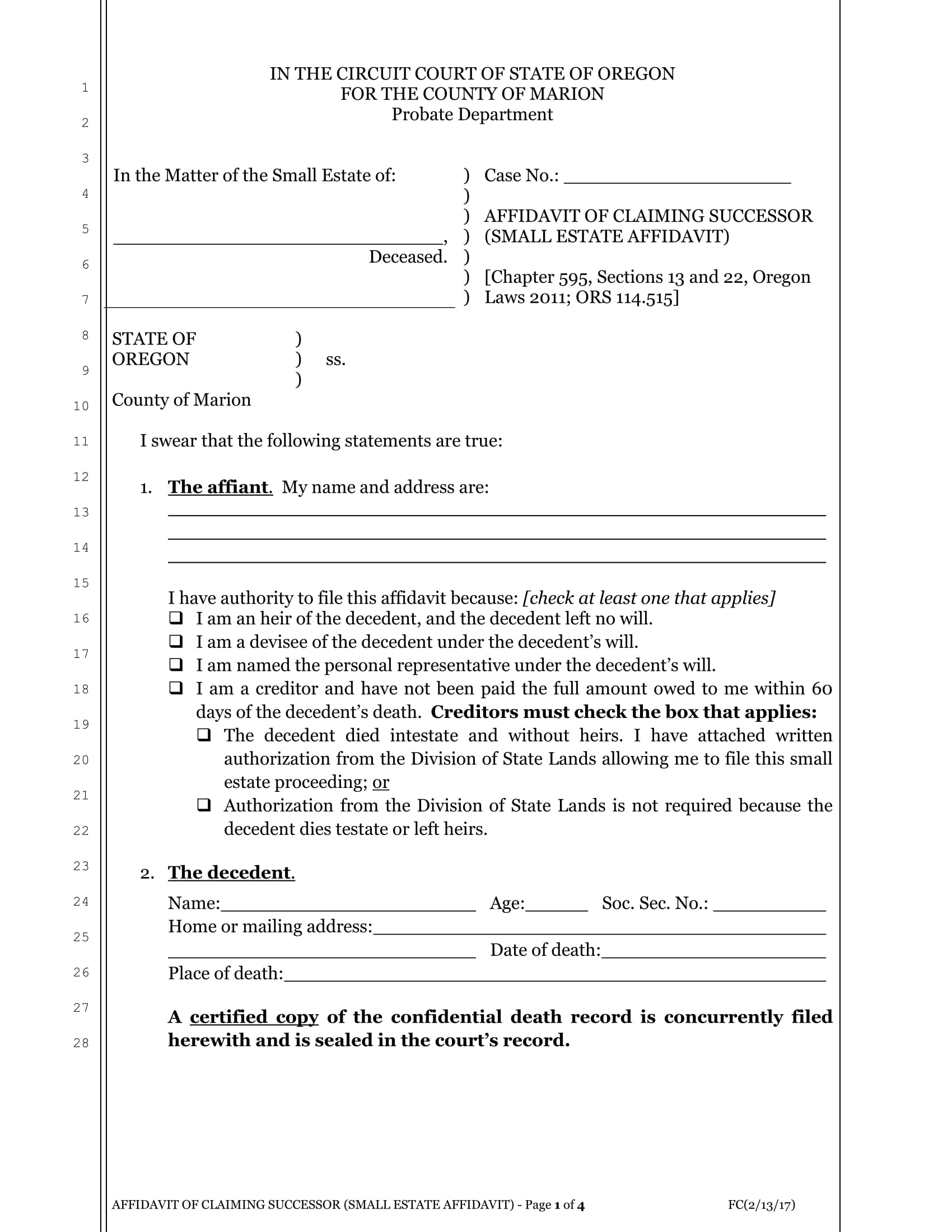 Small Estate Affidavit Form Oregon Klamath 2022 8174