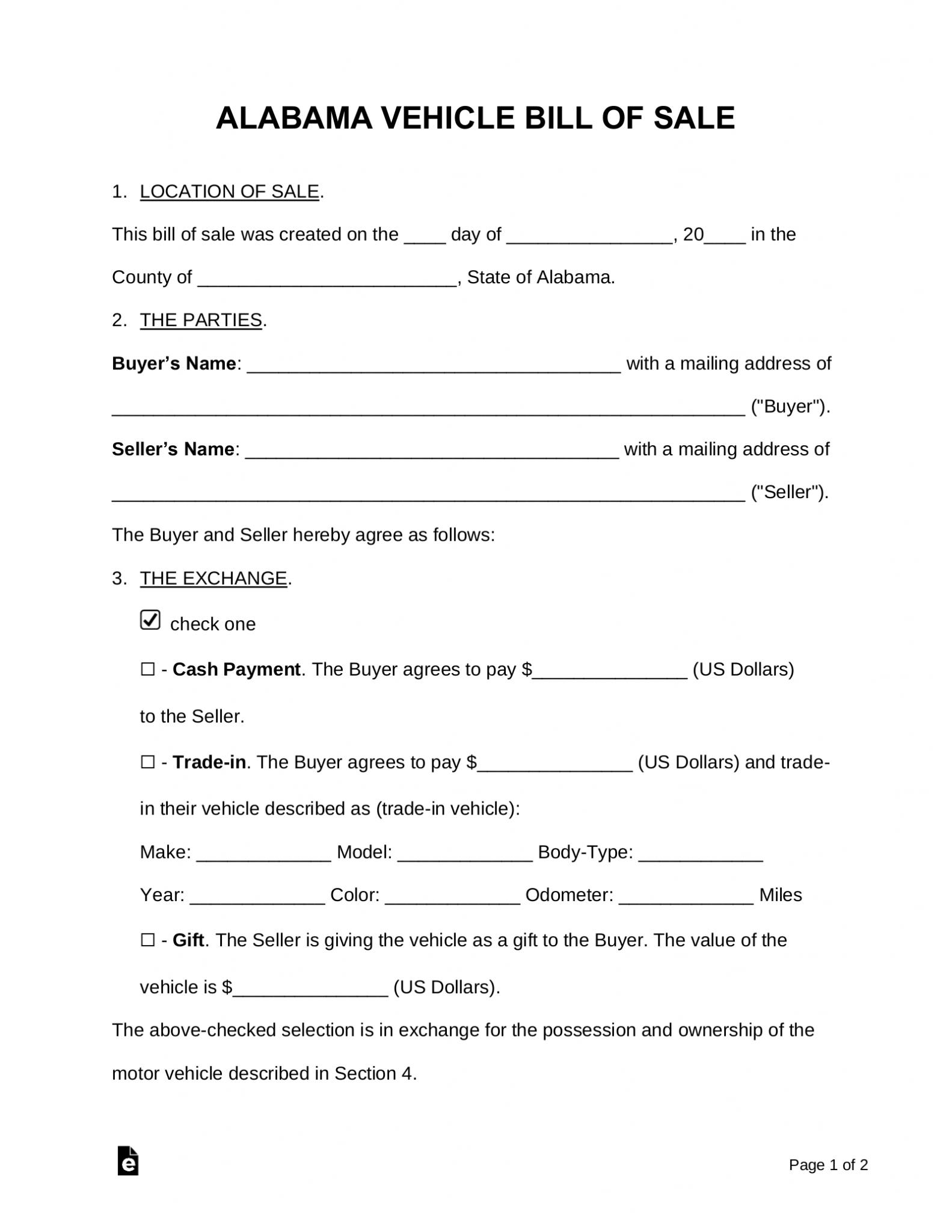 Free Alabama Motor Vehicle Bill Of Sale Form Word PDF EForms