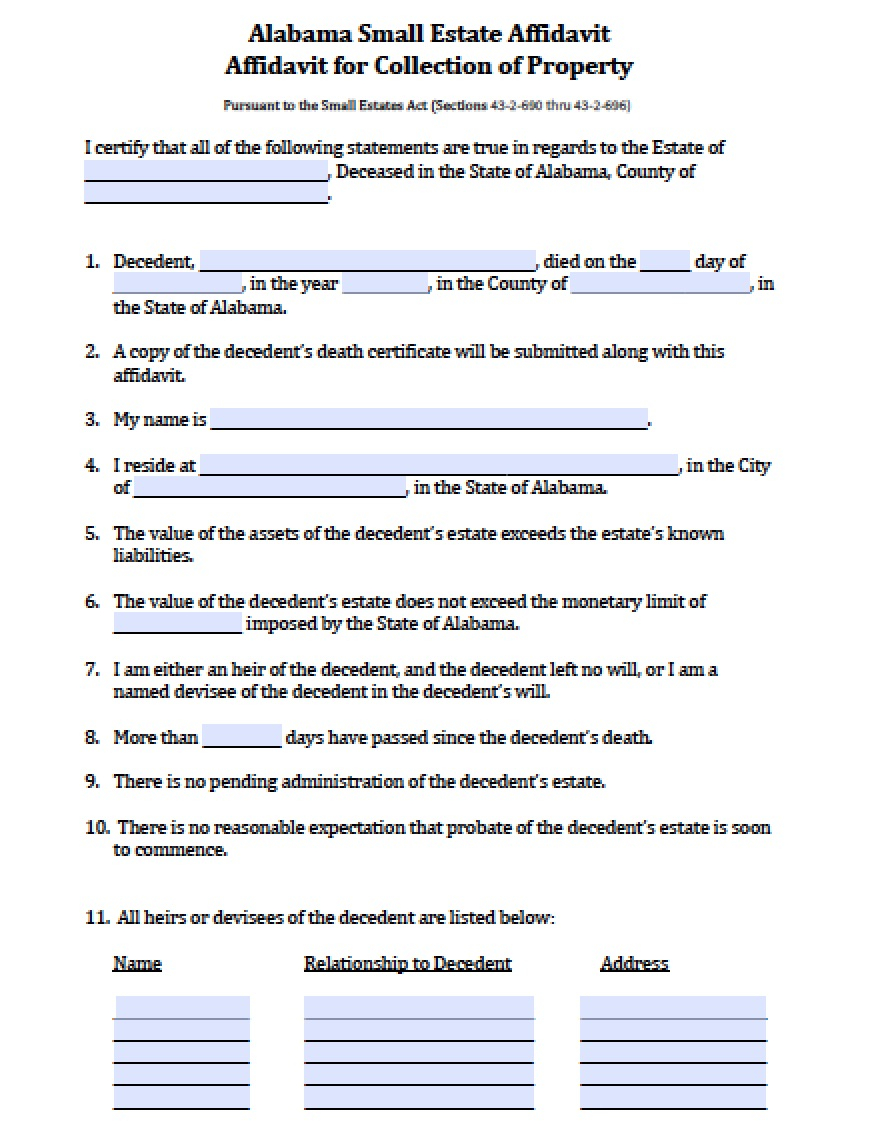 Free Alabama Small Estate Affidavit Form PDF Word