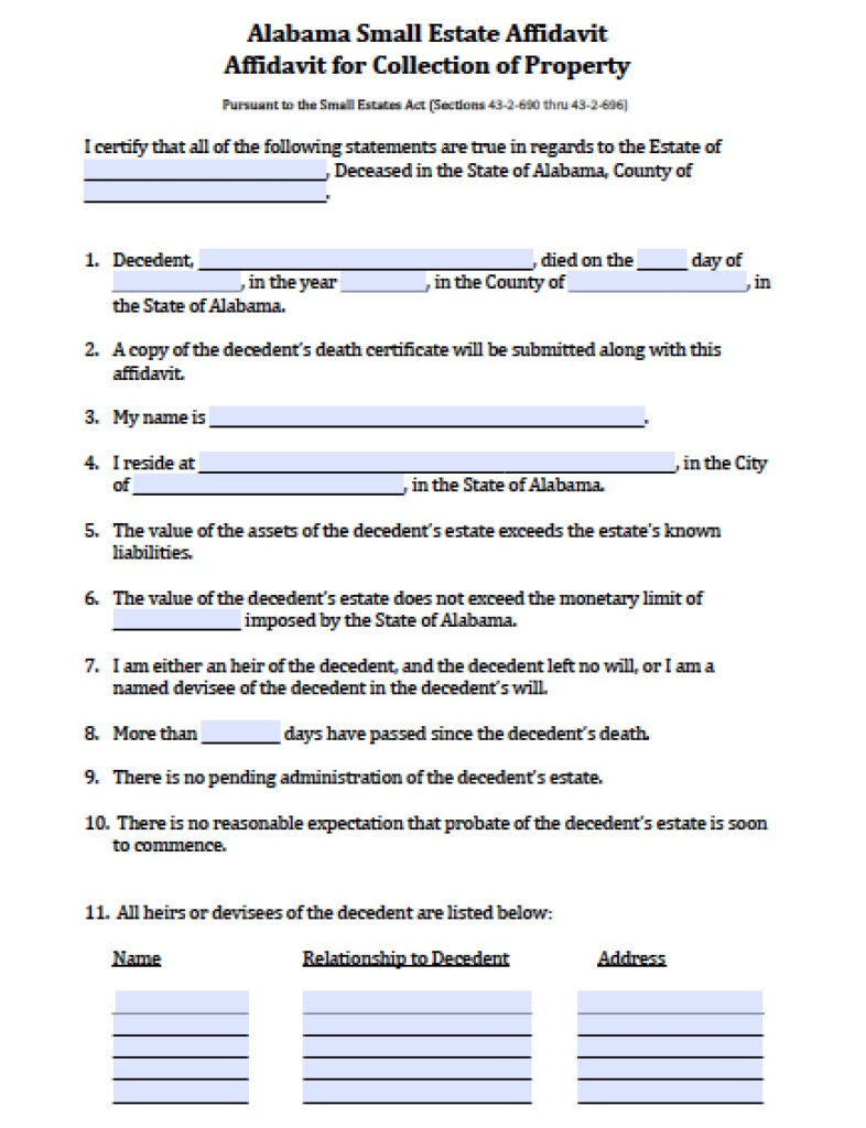 Free Alabama Small Estate Affidavit Form PDF Word