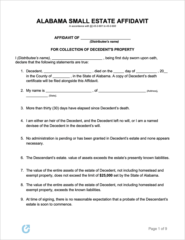 Free Alabama Small Estate Affidavit Form PDF WORD