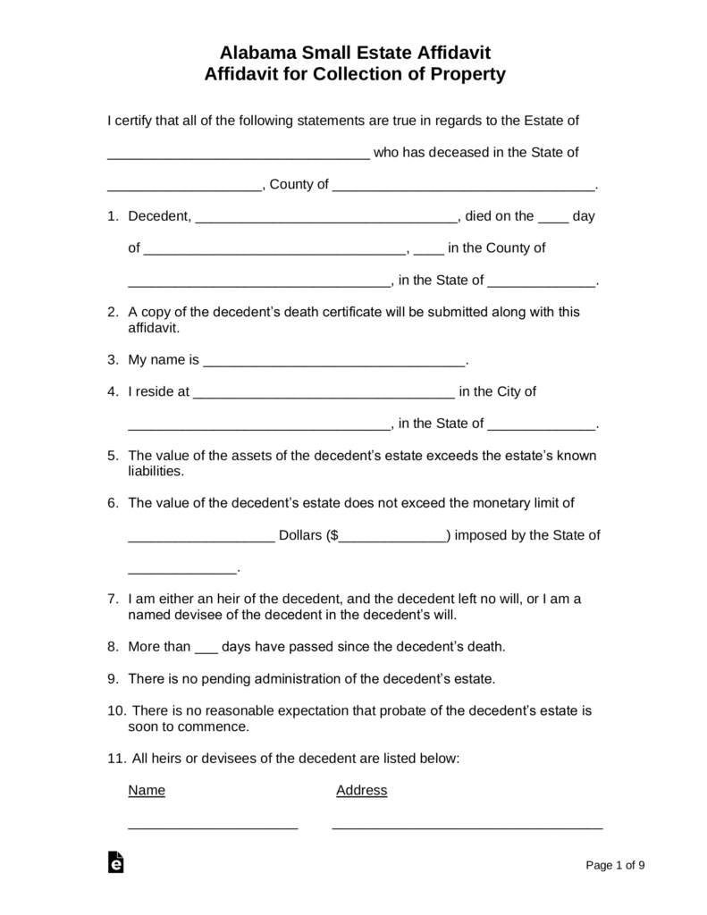 Free Alabama Small Estate Affidavit Form Word PDF EForms